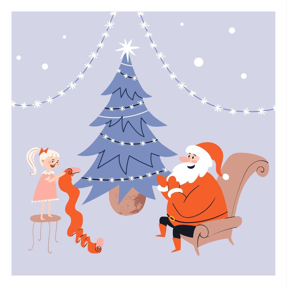 cartoon santa luistert naar de wensen van een meisje dat op een stoel staat. vrolijke kerstman met een meisje staan tegen de achtergrond van een kerstboom. vectorillustratie geïsoleerd op blauwe achtergrond. vector