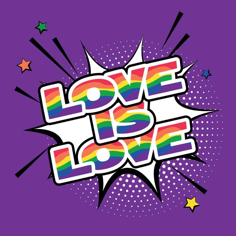 liefde is liefde - lgbt-trotsslogan tegen homoseksueel discriminatiecitaat. popart illustratie in regenboogkleur. goed voor posters, textiel, geschenken, trotssets. vector