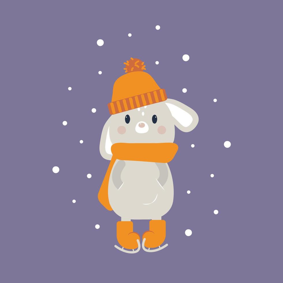 schattig konijn schaatsen op een ijsbaan met een koptelefoon. schattig dier, een karakter in pastelkleuren. winterse activiteit. voor kaarten, kleding, t-shirt print. vectorillustratie geïsoleerd op wit vector