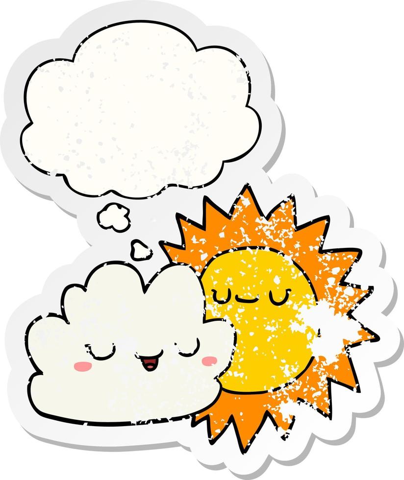 cartoon zon en wolk en gedachte bel als een versleten versleten sticker vector