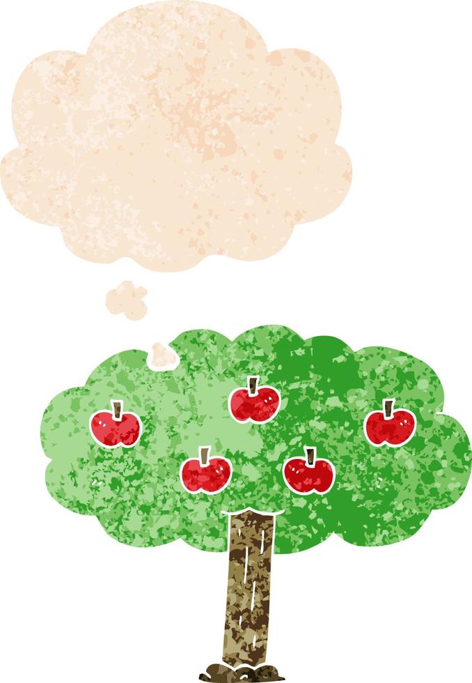 cartoon appelboom en gedachte bel in retro getextureerde stijl vector