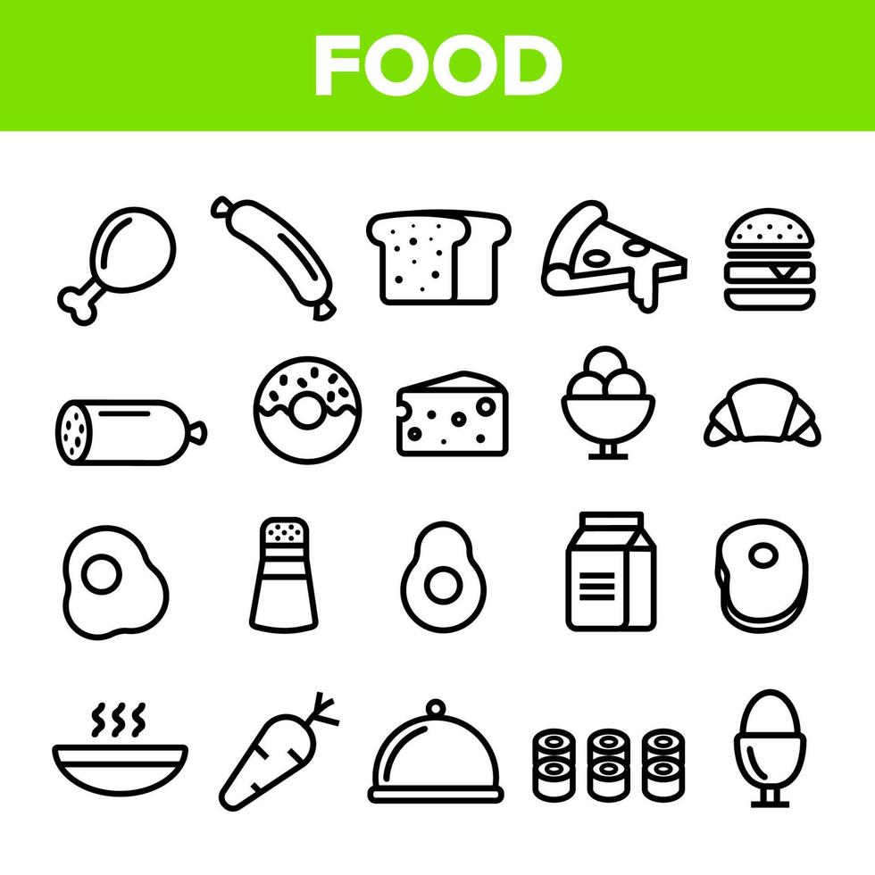 voedsel lijn pictogrammenset vector. huis keuken ontbijt eten pictogrammen. menupictogram. vis etend element. dunne omtrek webillustratie vector