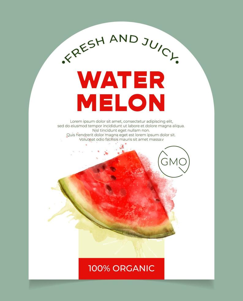 etiket, verpakking van vers en sappig watermeloenfruit. natuurlijk biologisch product, ggo-vrij. tekst met aquarel realistisch fruit op witte basis. sjabloon voor uw product. vector