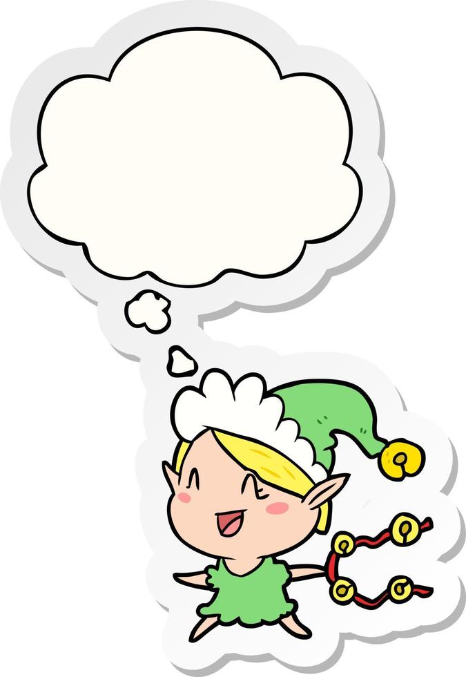 cartoon happy christmas elf en gedachte bel als een gedrukte sticker vector