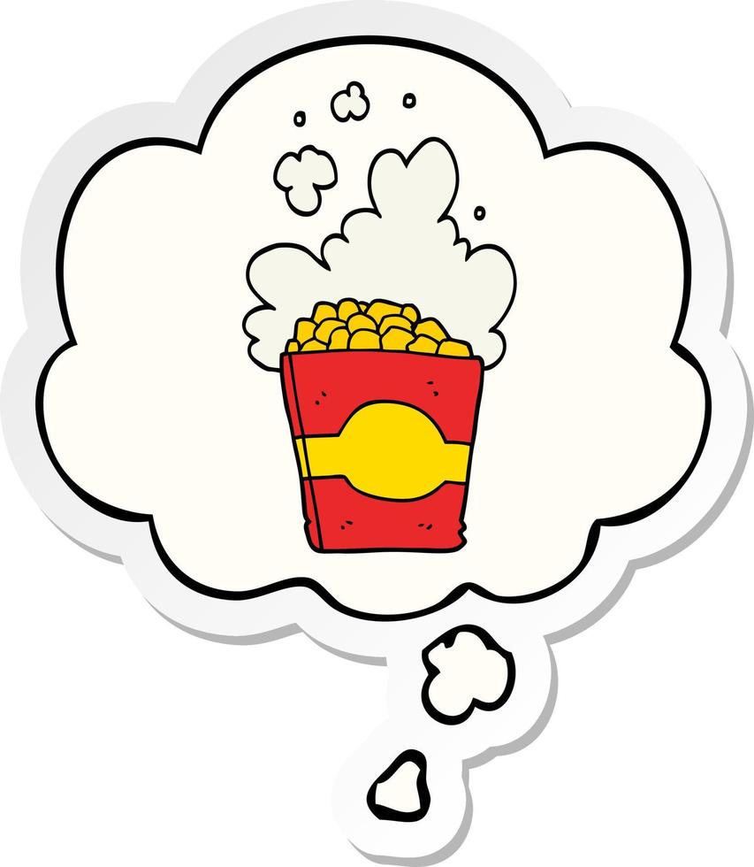 cartoon popcorn en gedachte bel als een gedrukte sticker vector