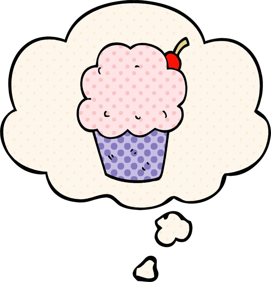cartoon cupcake en gedachte bel in stripboekstijl vector