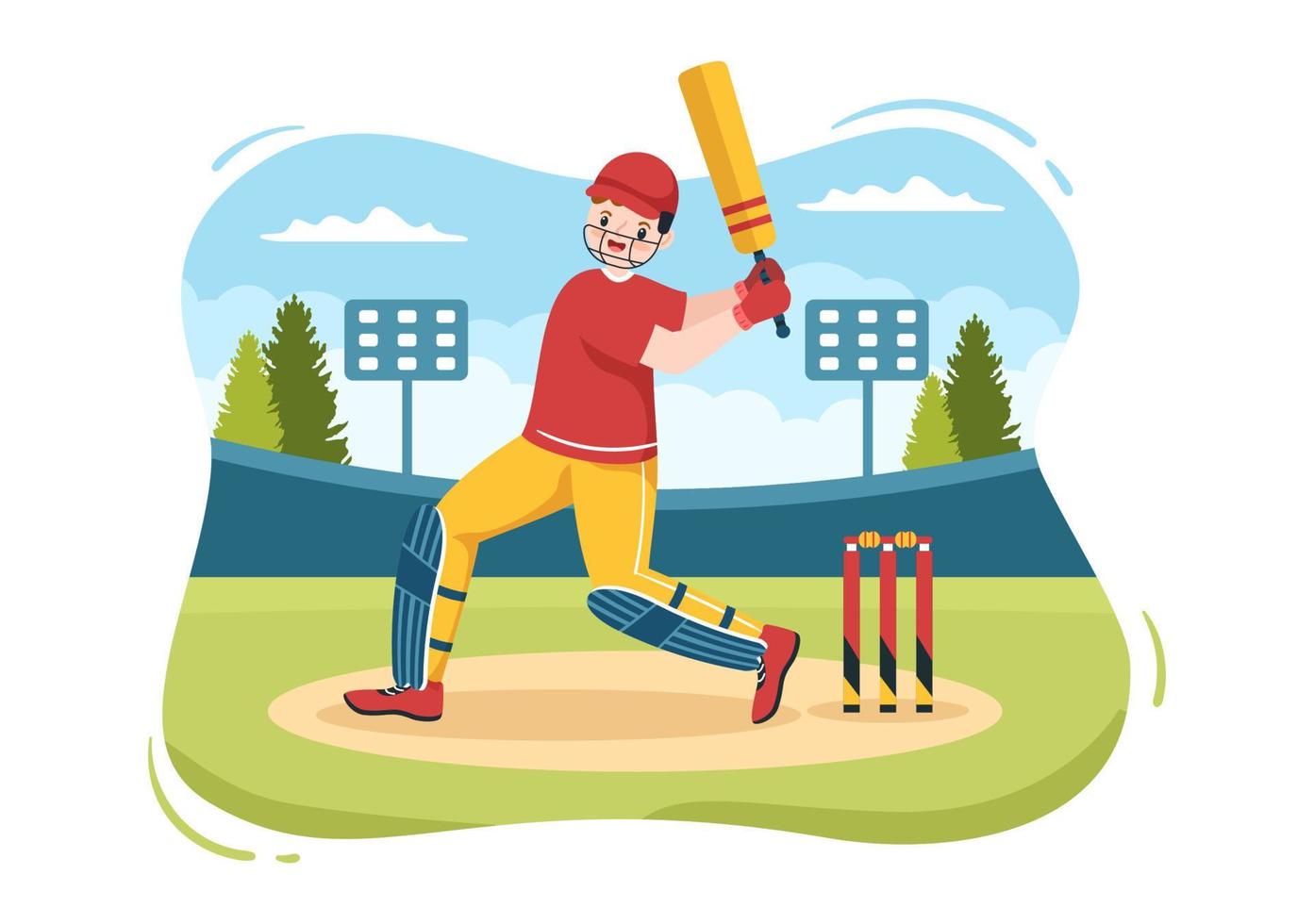 batsman cricket sporten spelen met bal en stok in platte cartoon veld achtergrond afbeelding vector