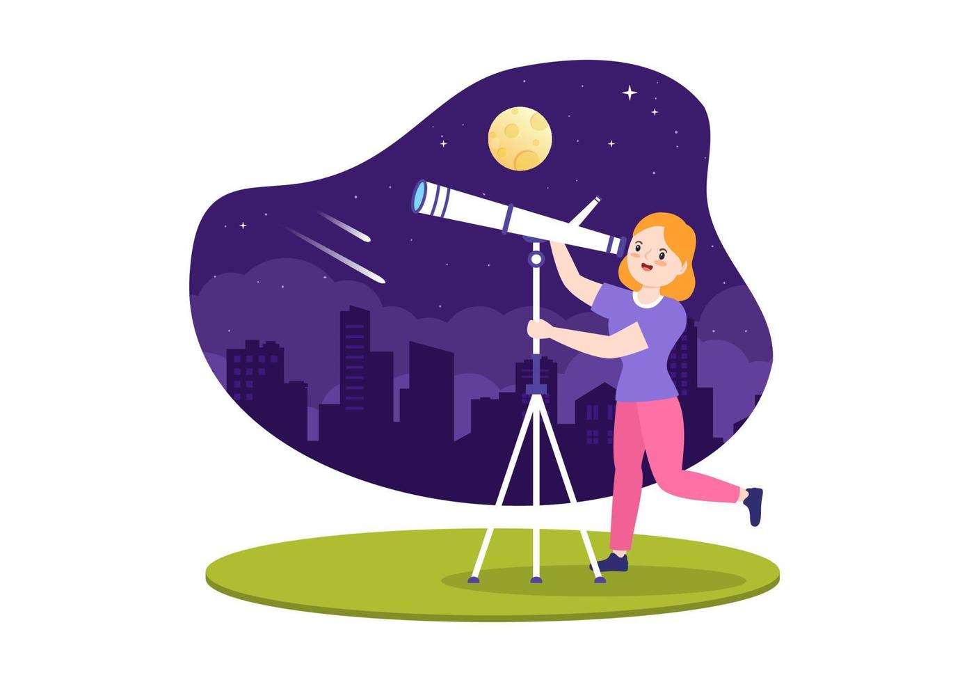 astronomie cartoon afbeelding met mensen kijken naar nachtelijke sterrenhemel, melkweg en planeten in de ruimte door telescoop in platte handgetekende stijl vector