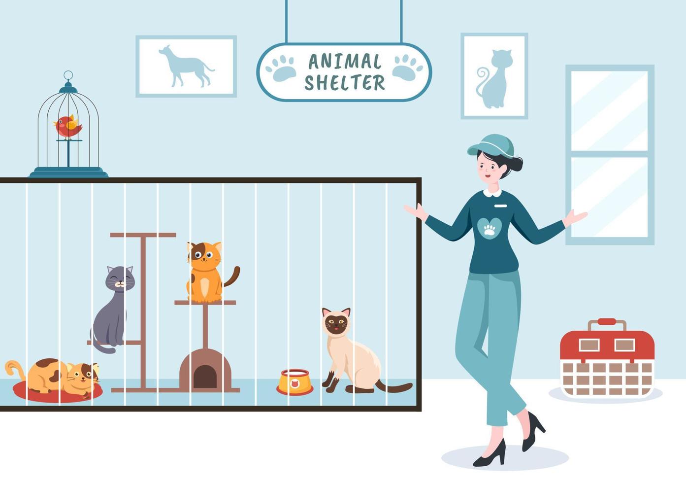 dierenasiel cartoon afbeelding met huisdieren die in kooien zitten en vrijwilligers die dieren voeren voor adoptie in platte handgetekende stijl ontwerp vector