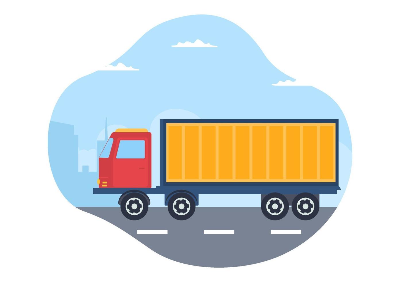 vrachtwagenvervoer cartoon afbeelding met vrachtbezorgdiensten of kartonnen doos verzonden naar de consument in vlakke stijl vector