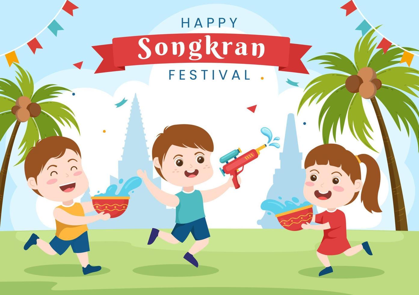 gelukkige songkran festival dag hand getekende cartoon afbeelding met schattige kleine kinderen die waterpistool spelen in thailand viering in vlakke stijl achtergrond vector