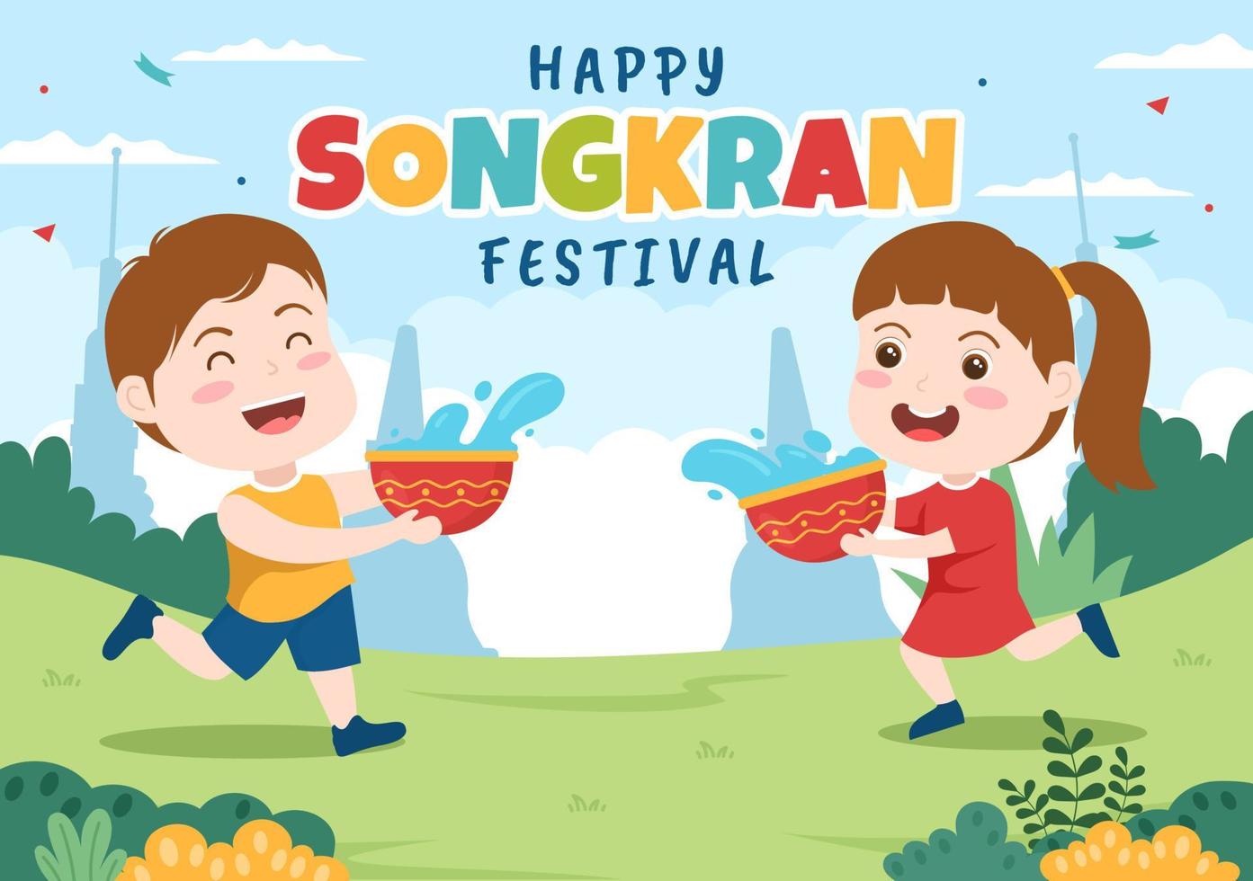 gelukkige songkran festival dag hand getekende cartoon afbeelding met schattige kleine kinderen die waterpistool spelen in thailand viering in vlakke stijl achtergrond vector