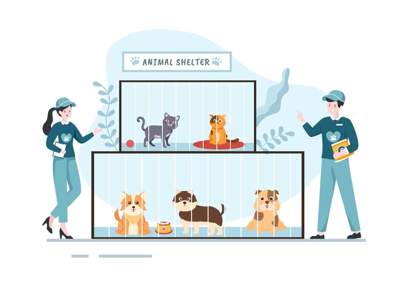 dierenasiel cartoon afbeelding met huisdieren die in kooien zitten en vrijwilligers die dieren voeren voor adoptie in platte handgetekende stijl ontwerp vector