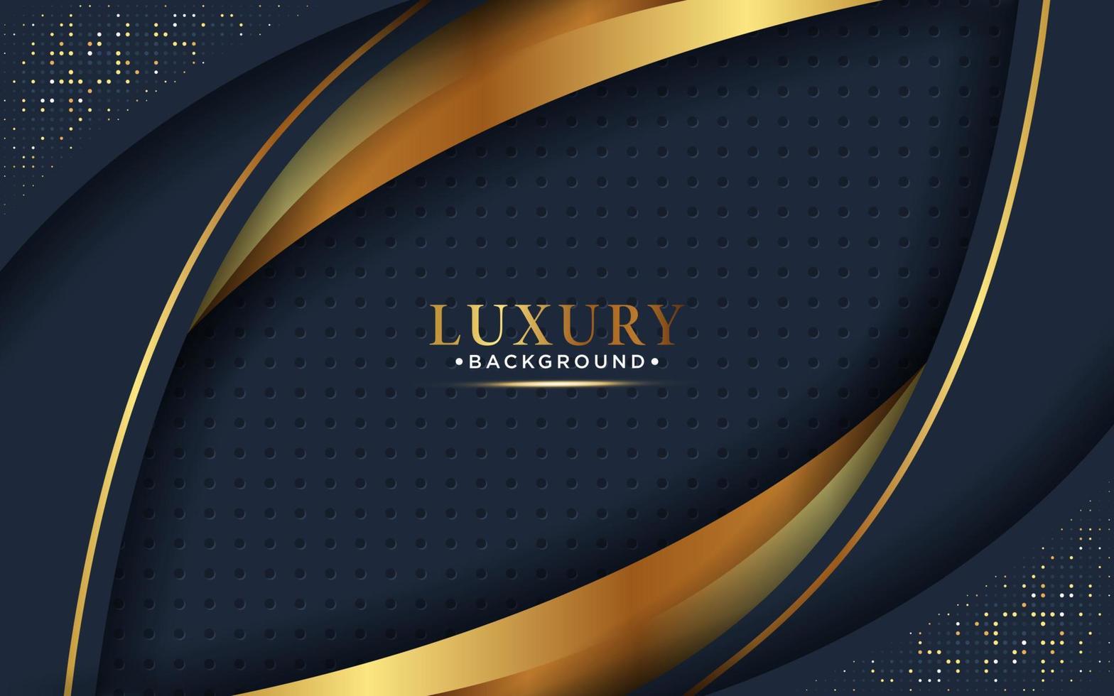 abstracte curve overlappend op donkerblauwe achtergrond met glitter en gouden lijnen gloeiende stippen gouden combinaties. luxe en elegant design. vector