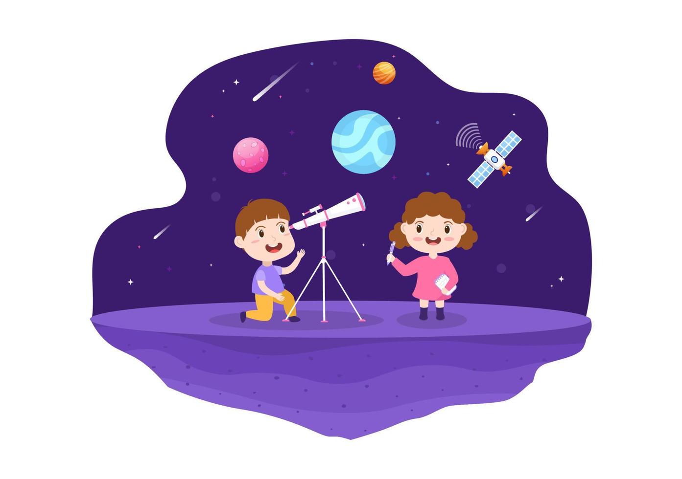 astronomie cartoon afbeelding met schattige kinderen kijken naar nachtelijke sterrenhemel, melkweg en planeten in de ruimte door telescoop in platte handgetekende stijl vector