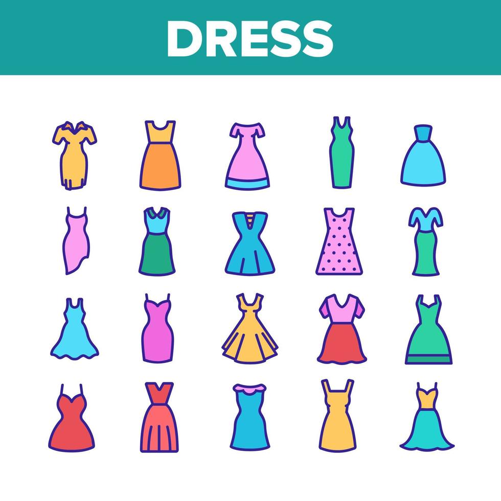 jurk mode vrouwelijke collectie iconen set vector