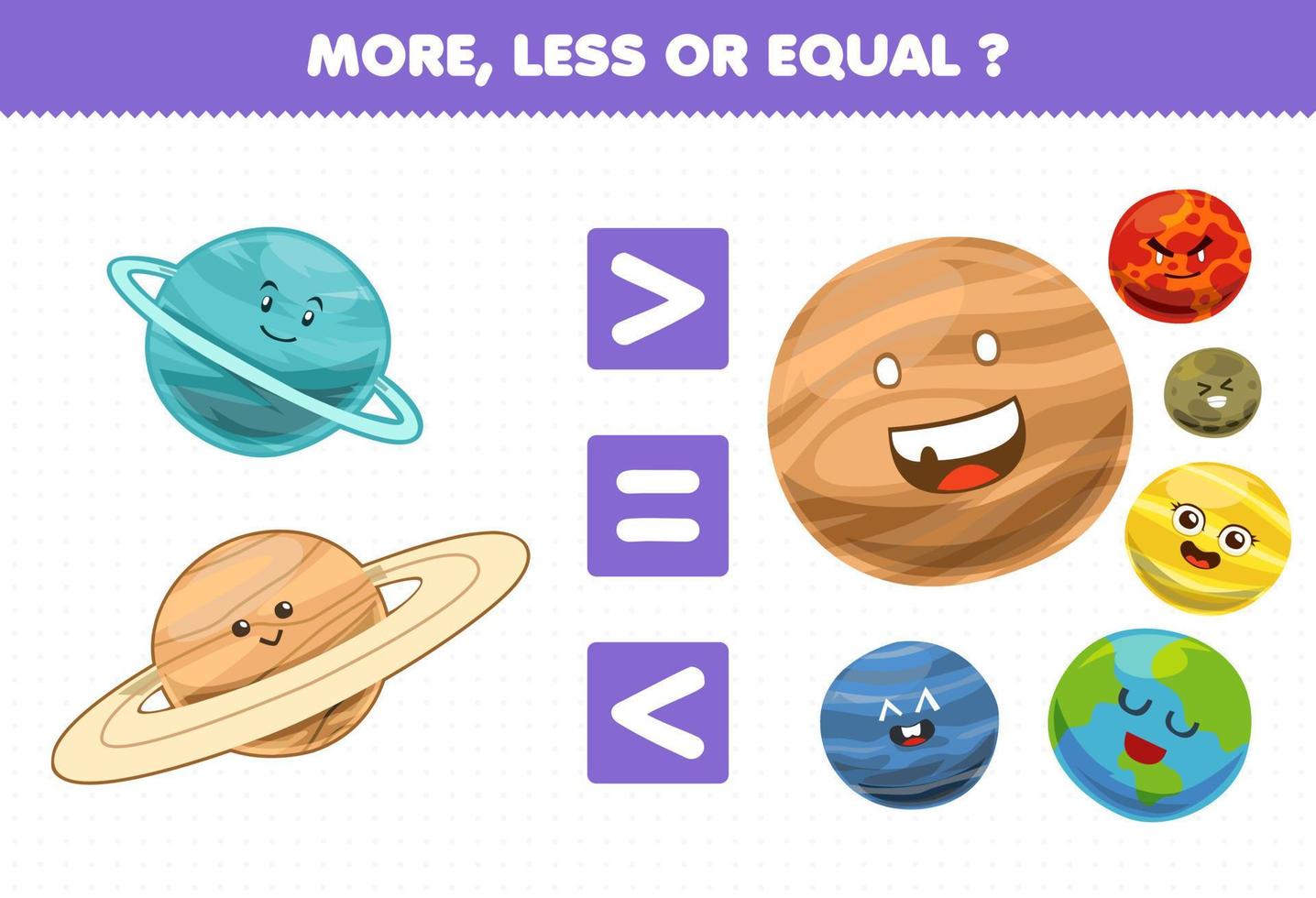 onderwijs spel voor kinderen min of meer gelijk tellen de hoeveelheid schattig cartoon zonnestelsel planeet uranus saturnus jupiter mars mercurius venus aarde neptunus vector
