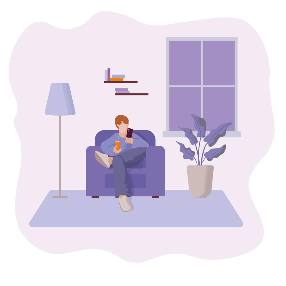 een man in een stoel met een smartphone en koffie, vectorillustratie vector