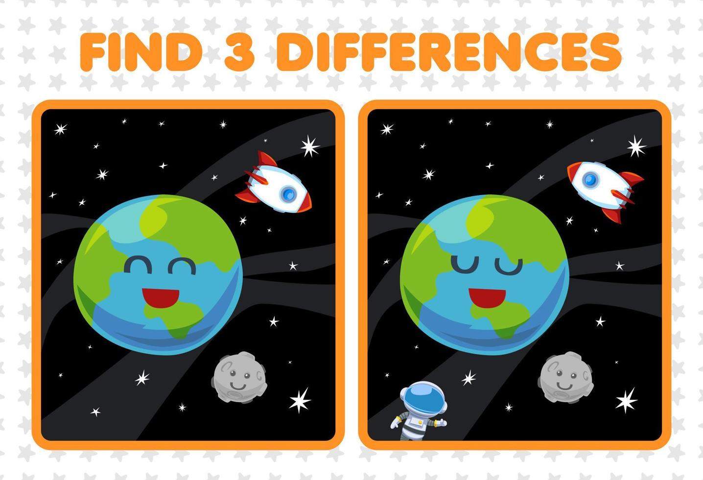 educatief spel voor kinderen vind drie verschillen tussen twee schattige cartoon zonnestelsel aarde planeet maan raket astronaut vector