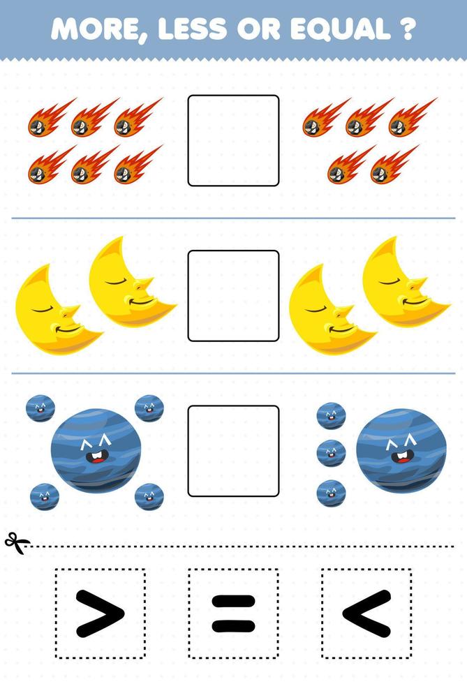 educatief spel voor kinderen min of meer gelijk tellen de hoeveelheid schattige cartoon zonnestelsel komeet maan neptunus planeet dan knippen en lijmen knip het juiste teken vector