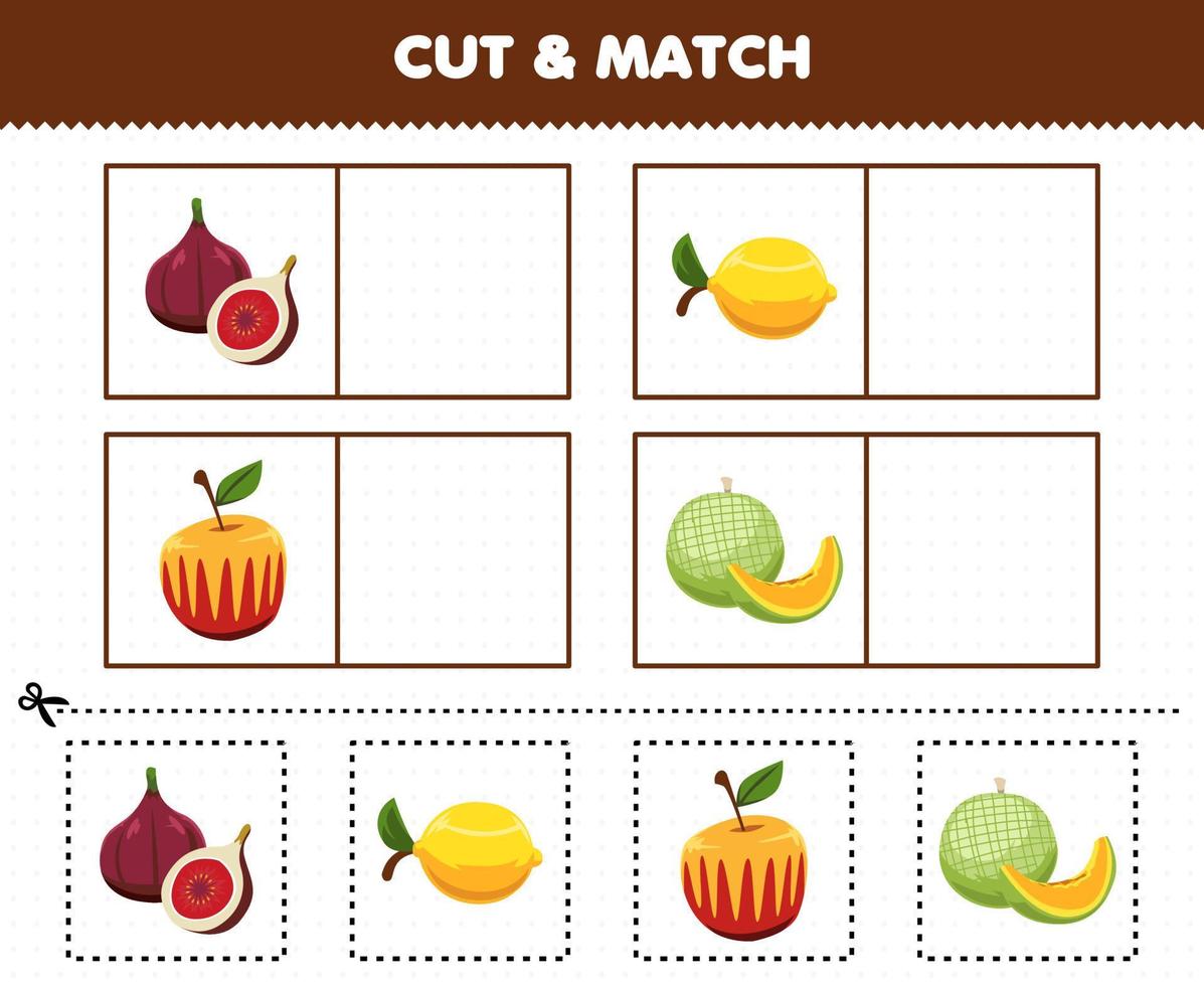 educatief spel voor kinderen knip en match dezelfde afbeelding van cartoon fruit vijg citroen appel meloen afdrukbaar werkblad vector