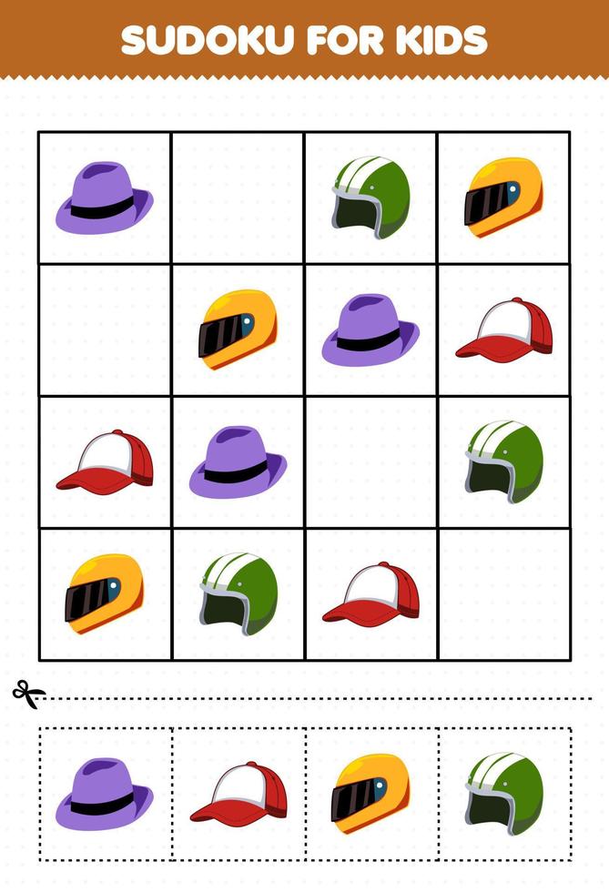 onderwijs spel voor kinderen sudoku voor kinderen met cartoon draagbare kleding fedora hoed roer cap foto vector