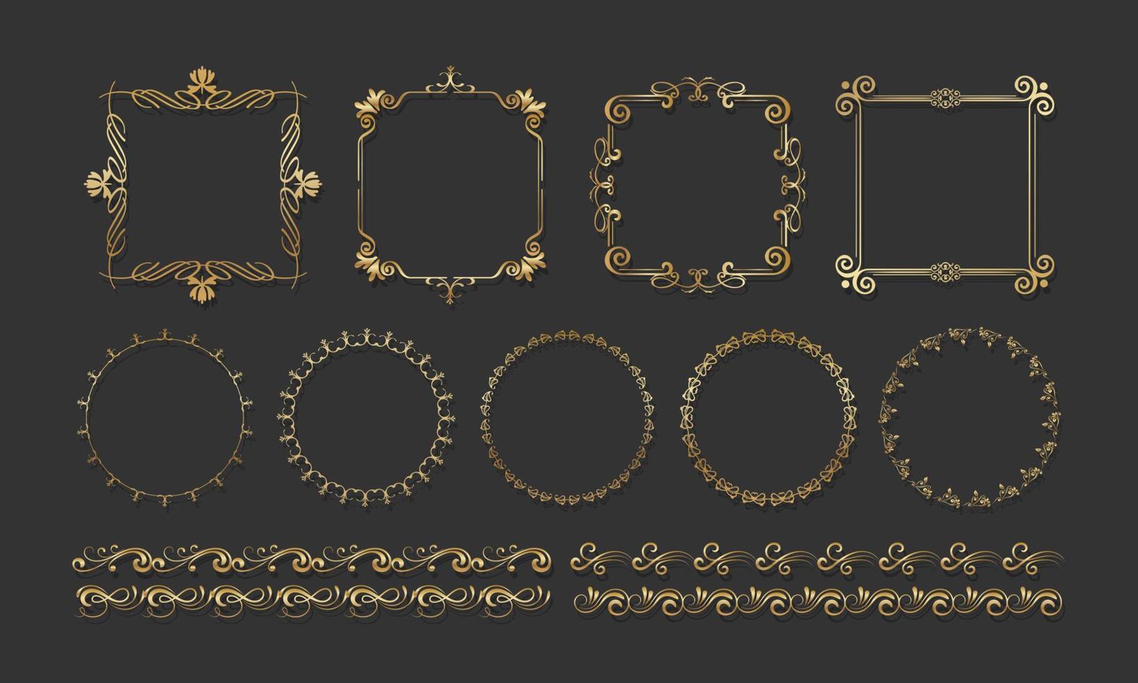 verzameling van verschillende elegante en luxueuze gouden framevormen, randhoekornamenten, vintage kalligrafie, vectorillustratie vector
