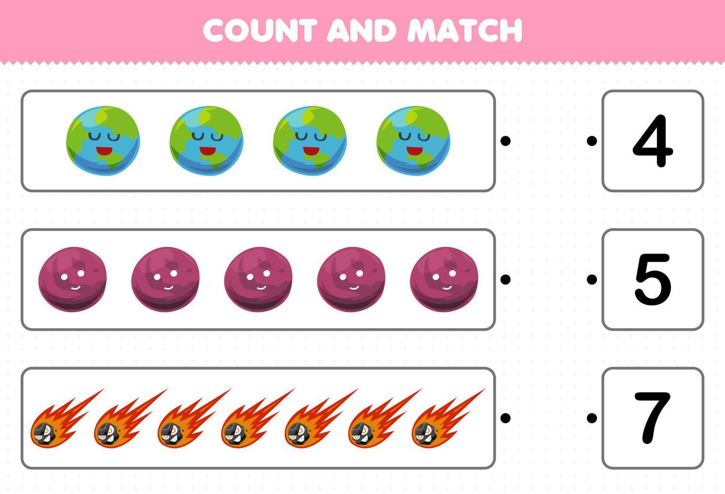 educatief spel voor kinderen tellen en matchen tel het aantal schattige cartoon zonnestelsel aarde planeet komeet en match met de juiste nummers afdrukbaar werkblad vector