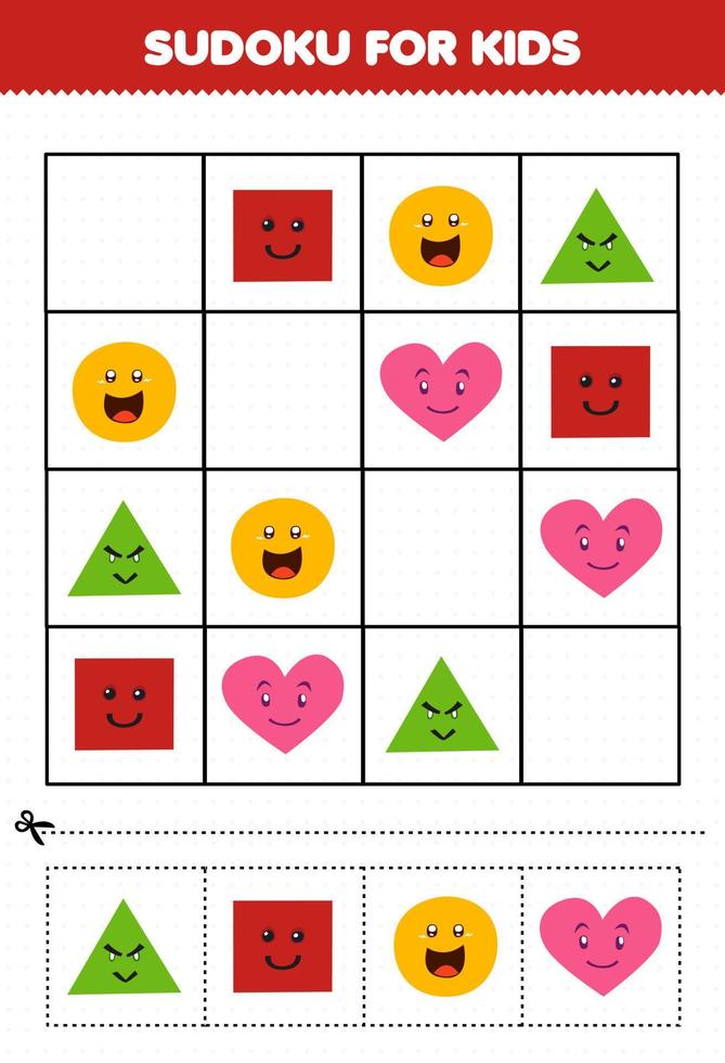 onderwijs spel voor kinderen sudoku voor kinderen met leuke cartoon geometrische vorm driehoek vierkante cirkel hart foto vector