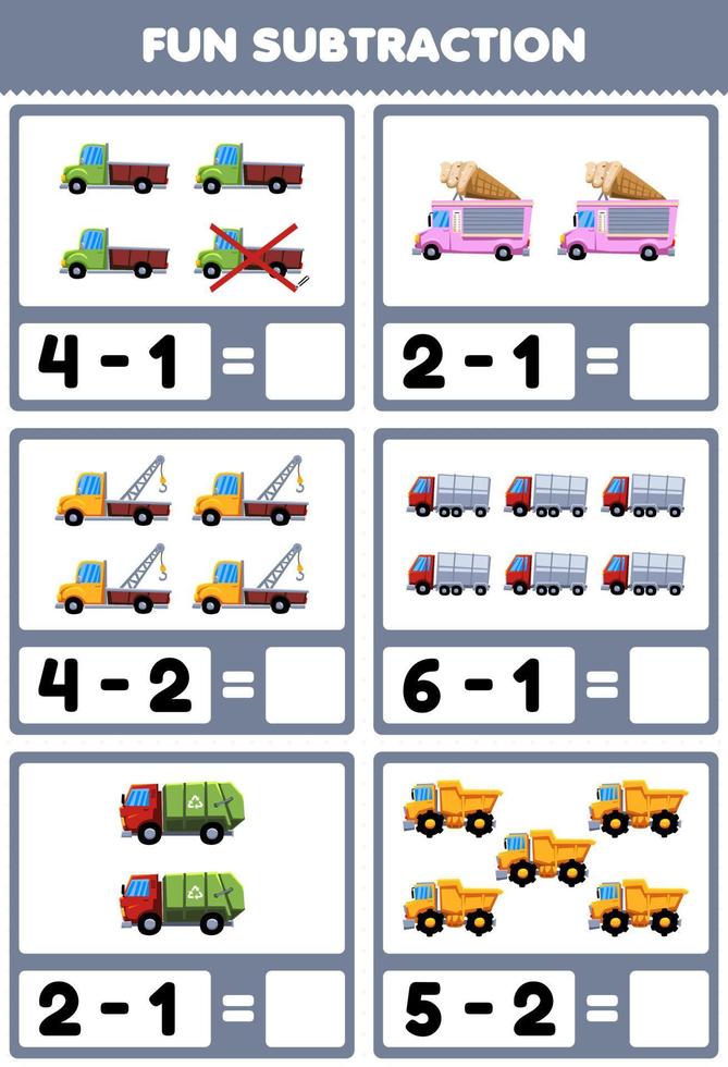 educatief spel voor kinderen leuk aftrekken door het tellen en elimineren van cartoon vrachtwagentransportfoto's vector