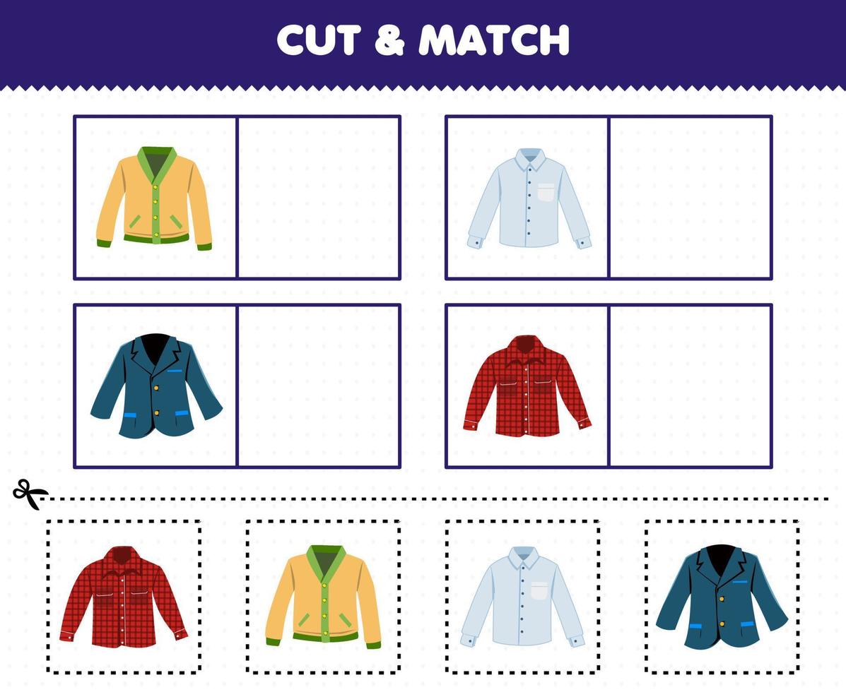 educatief spel voor kinderen knip en match dezelfde foto van cartoon draagbare kleding vest blazer flanel vector