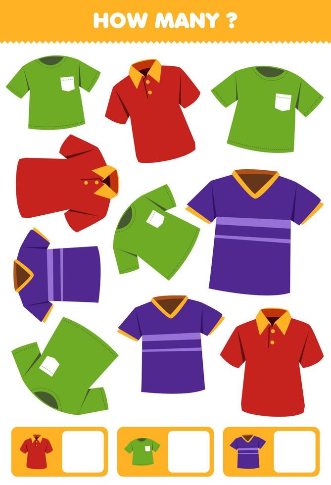 educatief spel voor kinderen die zoeken en tellen hoeveel objecten cartoon draagbare kleding t-shirt jersey poloshirt vector
