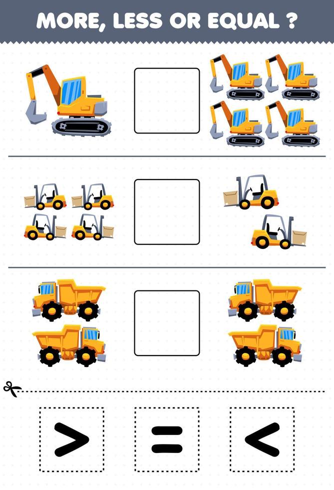 onderwijs spel voor kinderen min of meer tellen de hoeveelheid cartoon zware machine transport graafmachine heftruck dump truck dan knippen en lijmen snijden het juiste teken vector