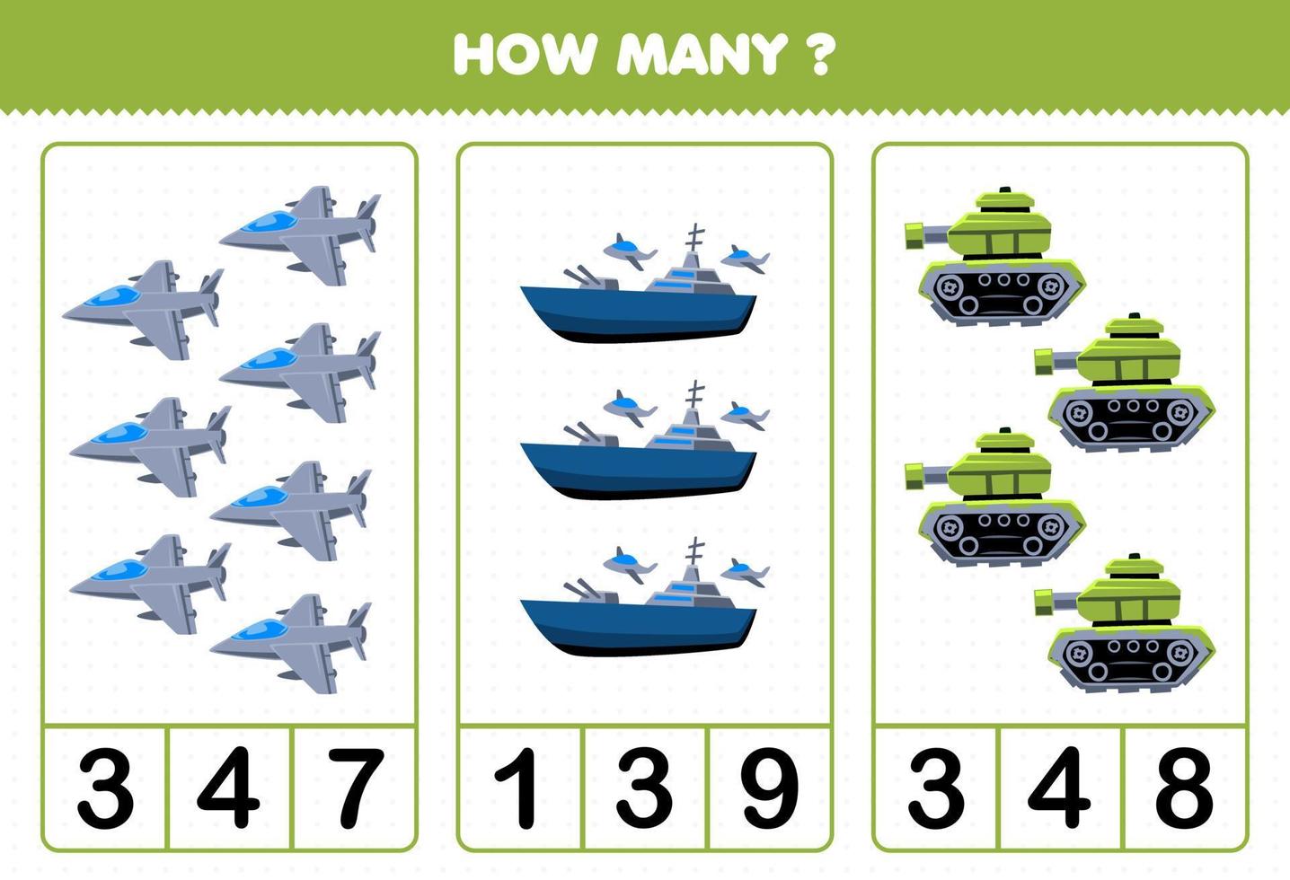 educatief spel voor kinderen tellen hoeveel cartoon militair transport straaljager slagschip tank vector