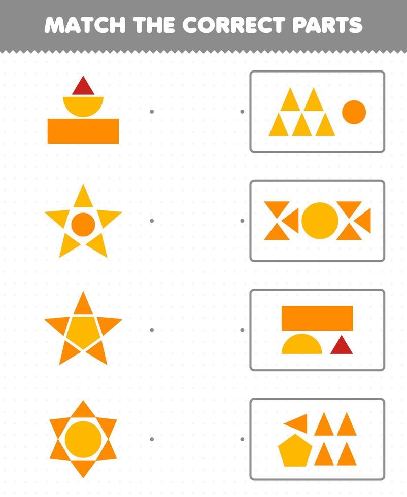 educatief spel voor kinderen match de juiste onderdelen geometrische vormen 2 cirkel vierkant driehoek rechthoek vijfhoek afdrukbaar werkblad vector