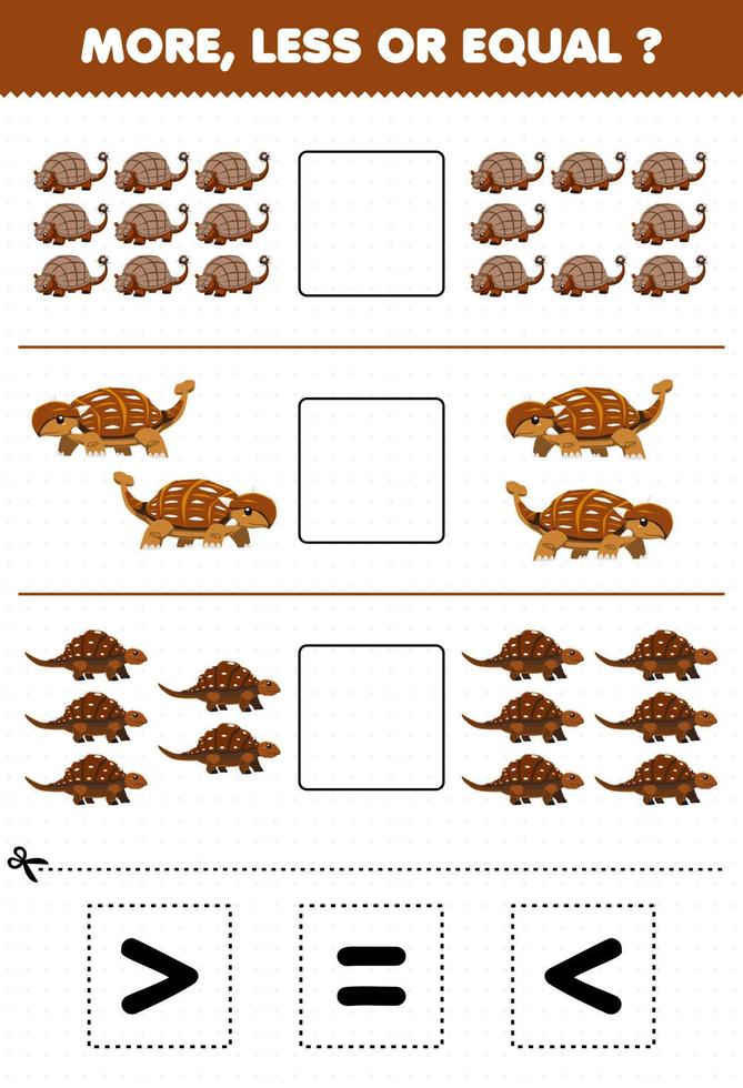 educatief spel voor kinderen min of meer gelijk tel de hoeveelheid cartoon prehistorische dinosaurus met harde huid en knip en lijm knip het juiste teken vector