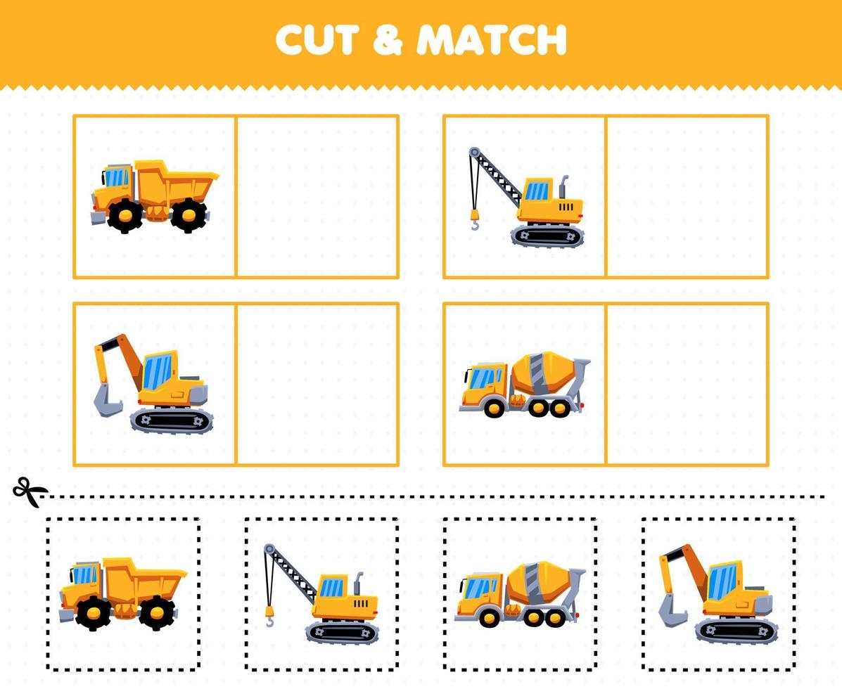 educatief spel voor kinderen knip en match dezelfde foto van schattige cartoon zware machine transport dump truck kraan graafmachine concentraat mixer truck afdrukbaar werkblad vector