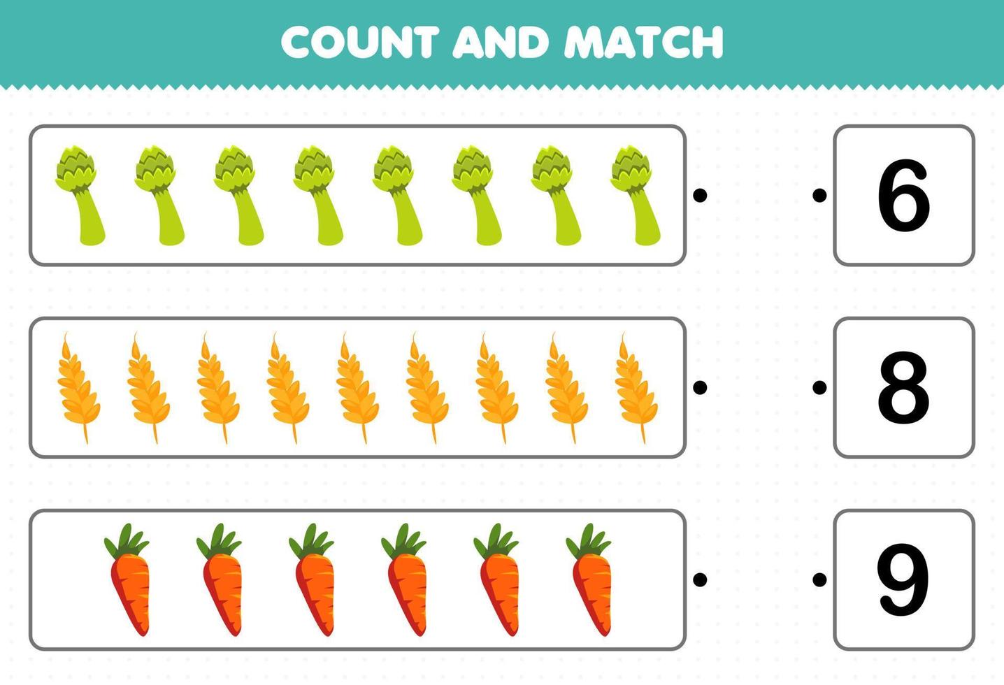 educatief spel voor kinderen tellen en matchen tel het aantal cartoon groenten asperges tarwe wortel en match met de juiste nummers afdrukbaar werkblad vector