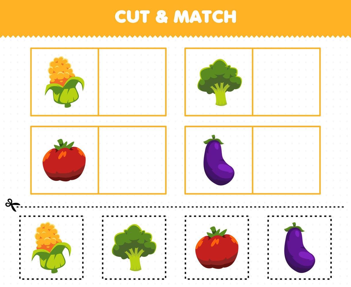 educatief spel voor kinderen knip en match dezelfde foto van cartoon groenten maïs broccoli tomaat aubergine afdrukbaar werkblad vector