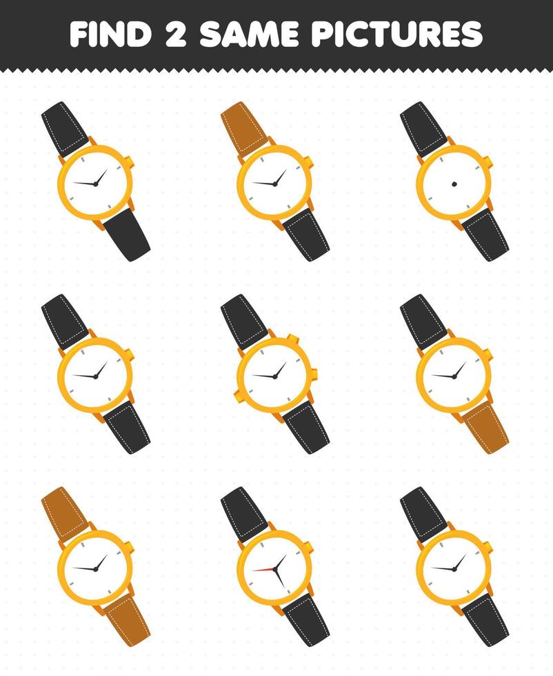 educatief spel voor kinderen vind twee dezelfde foto's cartoon draagbare kleding horloge vector