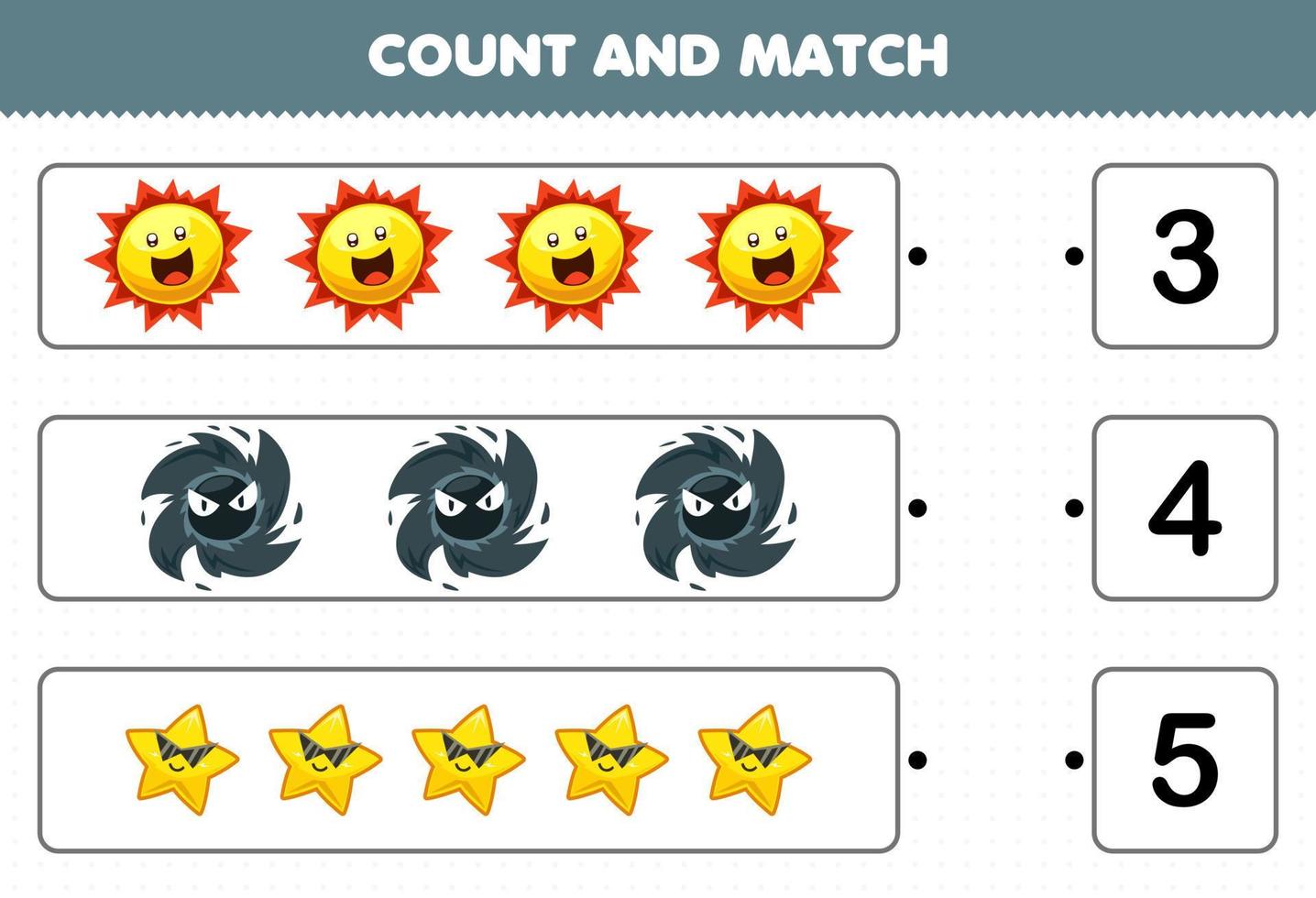 educatief spel voor kinderen tellen en matchen tellen het aantal schattige cartoon zonnestelsel zon zwart gat ster en match met de juiste nummers afdrukbaar werkblad vector