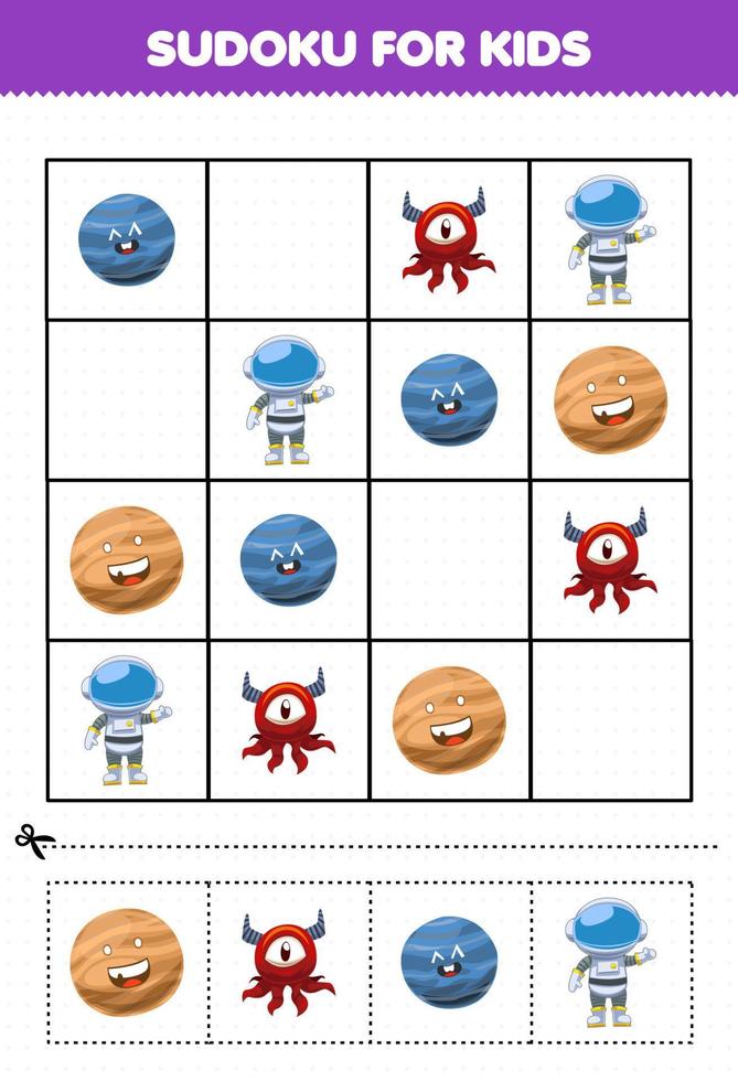 onderwijs spel voor kinderen sudoku voor kinderen met leuke cartoon zonnestelsel planeet alien astronaut foto vector