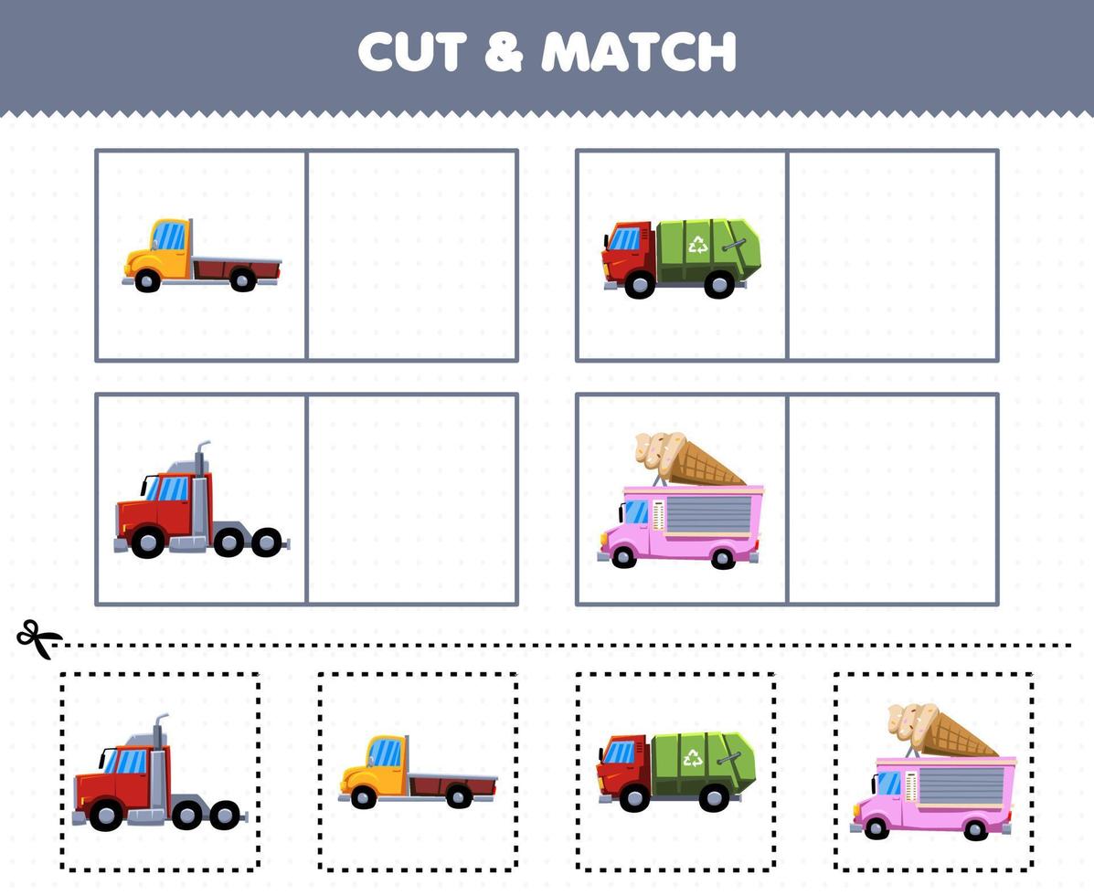 educatief spel voor kinderen knip en match dezelfde foto van schattige cartoon vrachtwagen transport pick-up vuilnis konvooi ijs afdrukbaar werkblad vector