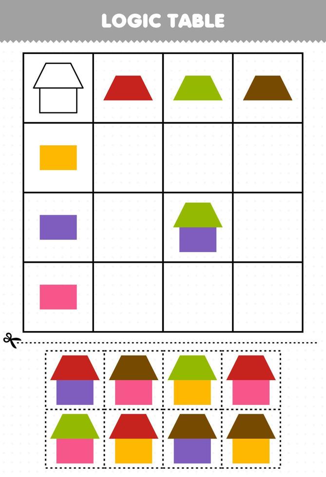 educatief spel voor kinderen logische tafel geometrische vorm trapezium en rechthoek afdrukbaar werkblad vector