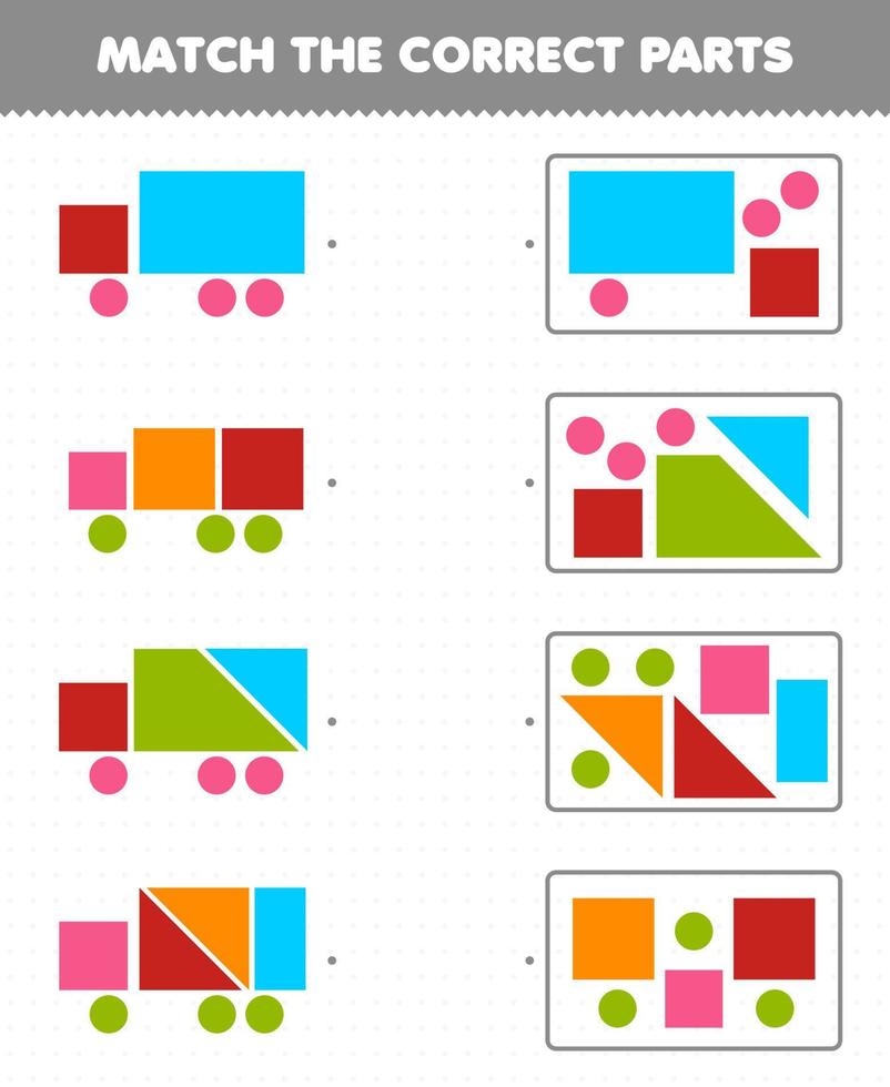 educatief spel voor kinderen match de juiste onderdelen geometrische vormen 9 cirkel vierkant driehoek trapezium rechthoek afdrukbaar werkblad vector