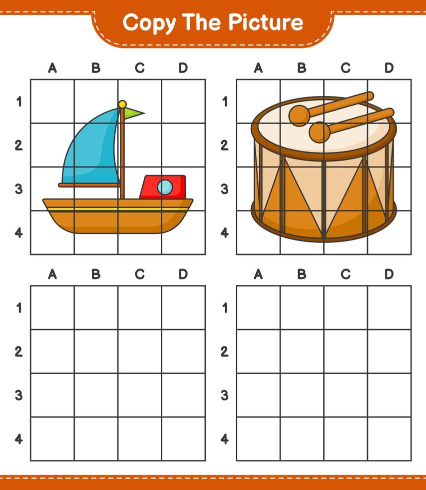 kopieer de afbeelding, kopieer de afbeelding van boot en trommel met rasterlijnen. educatief kinderspel, afdrukbaar werkblad, vectorillustratie vector