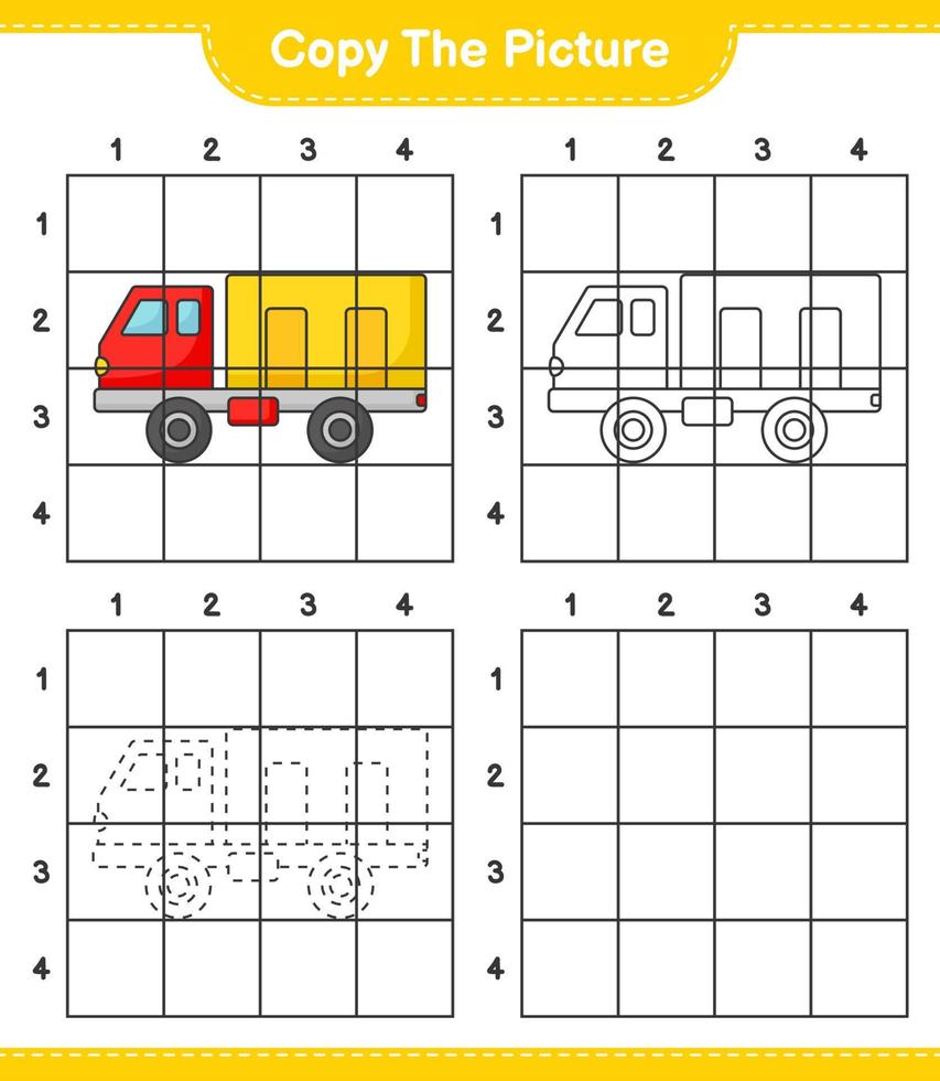 kopieer de afbeelding, kopieer de afbeelding van de vrachtwagen met rasterlijnen. educatief kinderspel, afdrukbaar werkblad, vectorillustratie vector