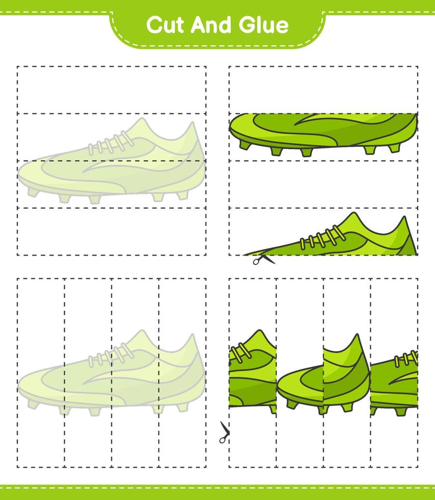 knip en plak, knip delen van voetbalschoenen en lijm ze. educatief kinderspel, afdrukbaar werkblad, vectorillustratie vector