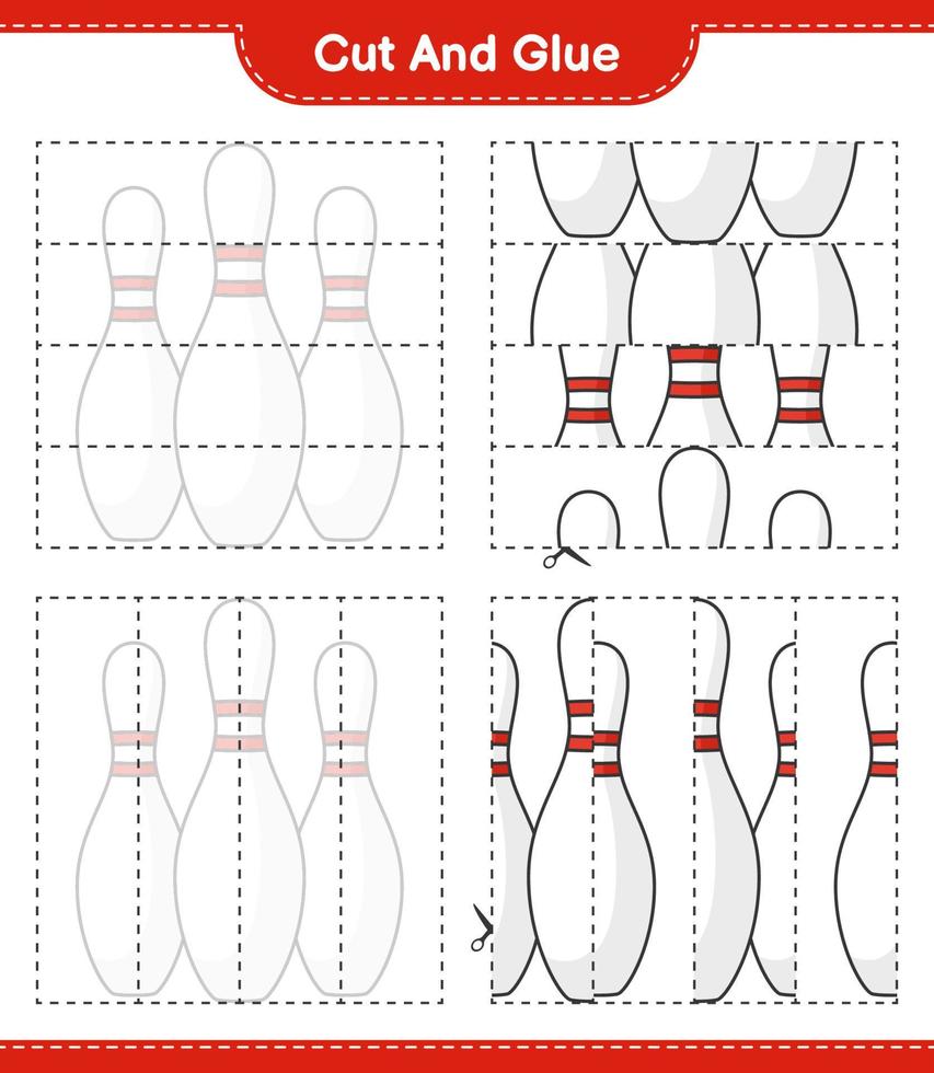 knip en lijm, knip delen van de bowlingpin af en lijm deze. educatief kinderspel, afdrukbaar werkblad, vectorillustratie vector