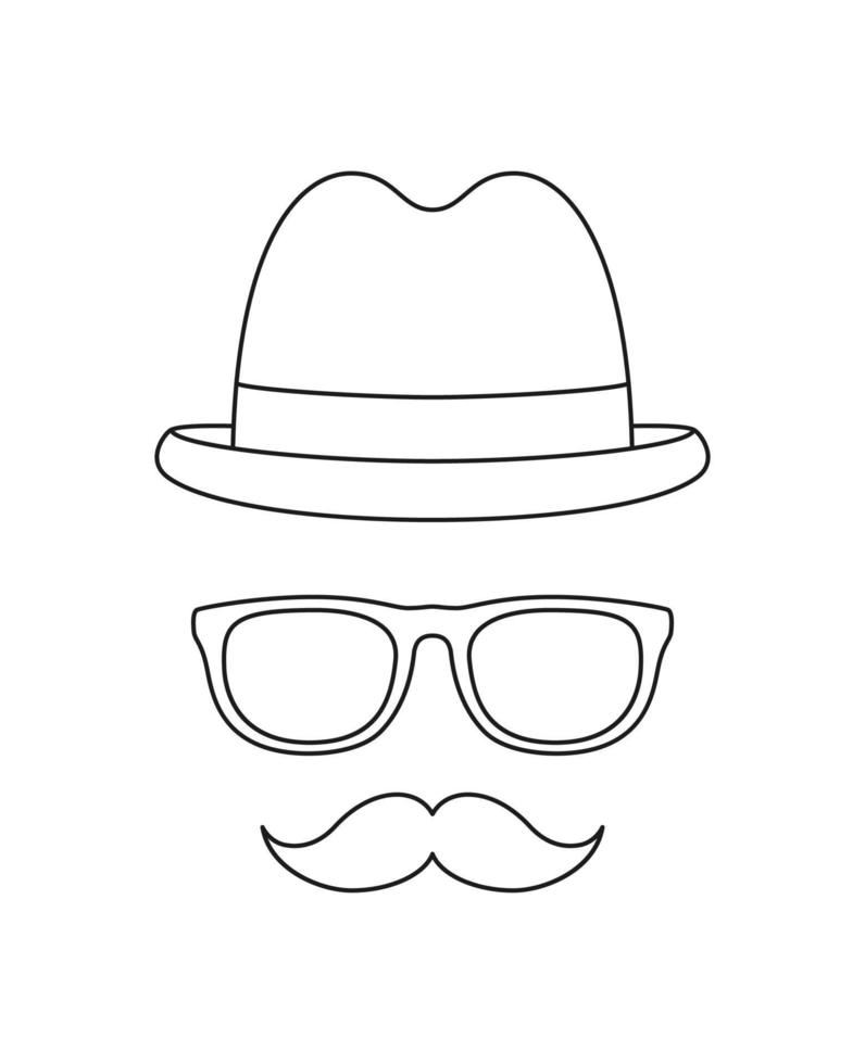 kleurplaat met snor, hoed en bril voor kinderen vector